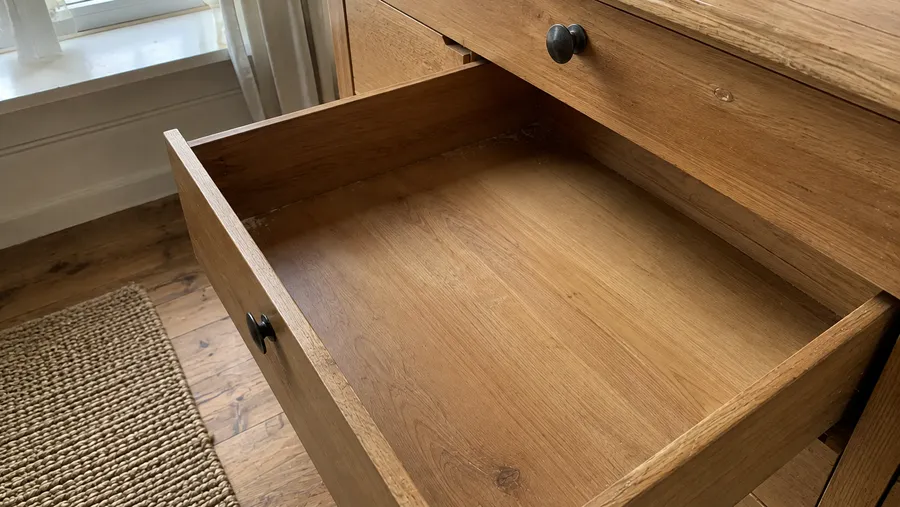 Nahaufnahme einer herausgezogenen, frisch ausgewischten leeren Holzschublade mit seitlichem Fensterlicht
