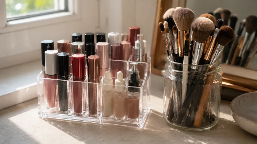 Nahaufnahme eines Acryl-Organizers mit mehreren Fächern neben einem Glasgefäß mit Make-up-Pinseln