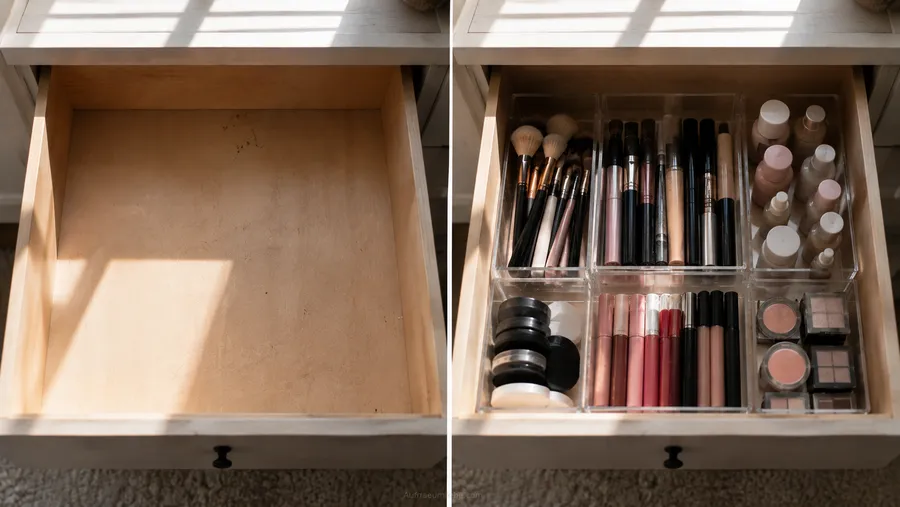 Split-Bild derselben Schublade, links leer und gereinigt, rechts fertig sortiert mit Acryl-Organizer