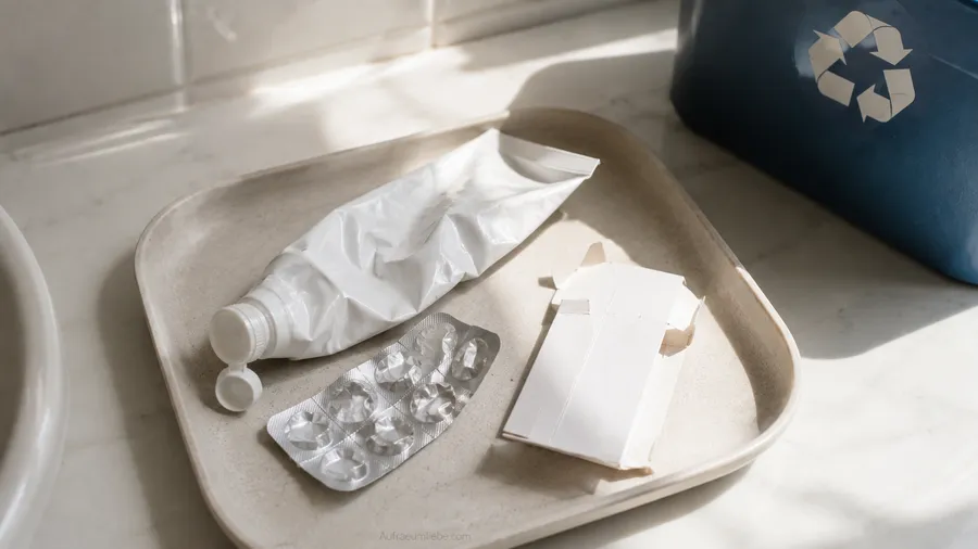 Kleines Tablett auf einer Ablage mit aussortierten Gegenständen: leere Tube, leere Tablettenblister, Kartonreste, im Hintergrund eine blaue Papiertonne