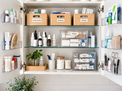 Geöffneter Medikamentenschrank mit beschrifteten Boxen für Schmerzmittel, Erkältung, Allergie, Pflaster und Wundversorgung, übersichtlich nach Kategorien sortiert