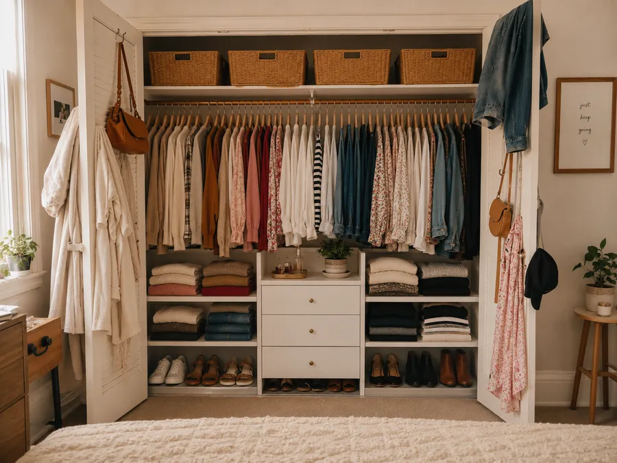 Aufgeräumter, gut sortierter Kleiderschrank nach der Organisation