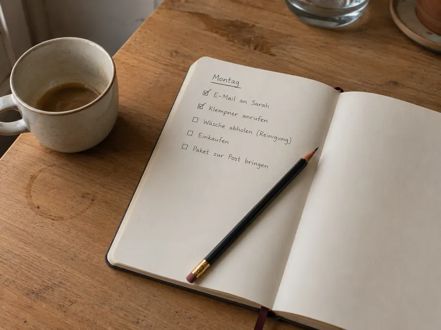Aufsicht auf ein offenes Notizbuch mit handschriftlicher Checkliste und einem Bleistift auf einem Holzschreibtisch