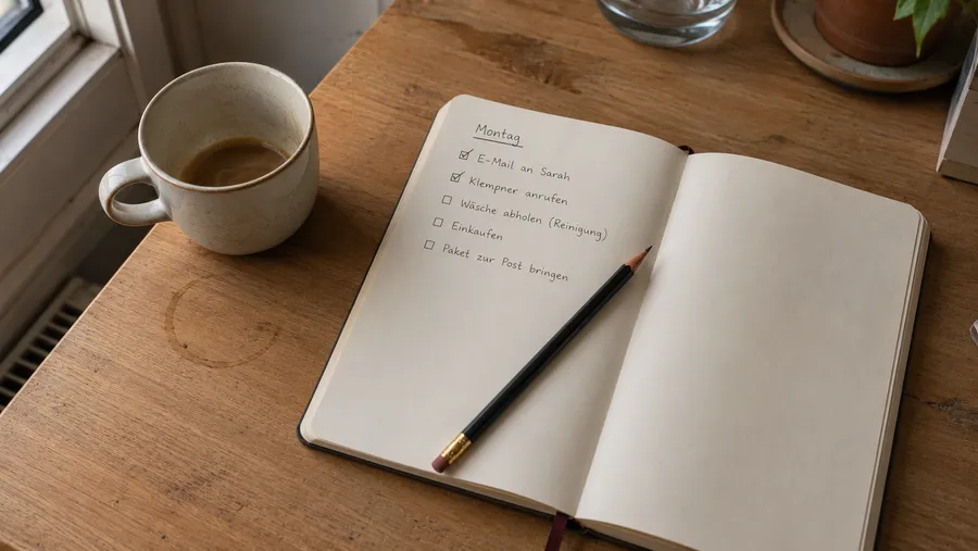 Aufsicht auf ein offenes Notizbuch mit handschriftlicher Checkliste und einem Bleistift auf einem Holzschreibtisch