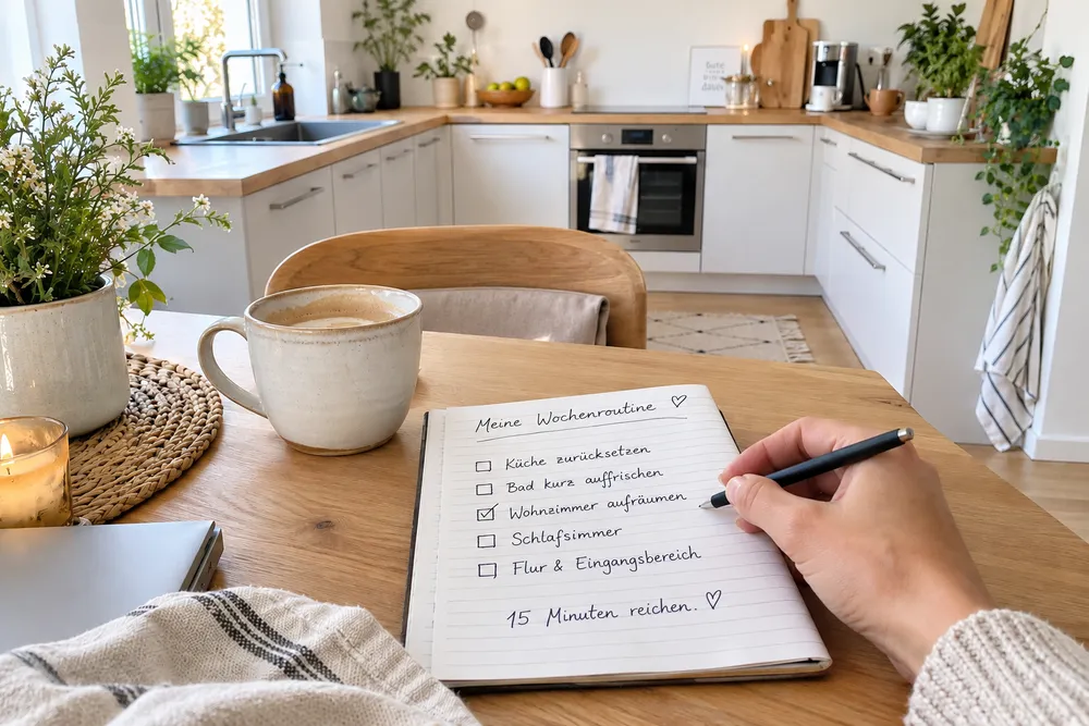 Handgeschriebene Wochenroutine-Checkliste mit Küche, Bad, Wohnzimmer und weiteren Räumen neben einer Kaffeetasse in gemütlicher Küchenatmosphäre