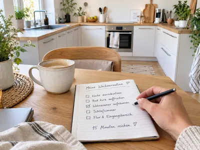 Handgeschriebene Wochenroutine-Checkliste mit Küche, Bad, Wohnzimmer und weiteren Räumen neben einer Kaffeetasse in gemütlicher Küchenatmosphäre