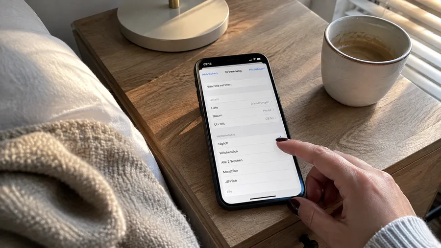 Nahaufnahme einer Hand, die eine wiederkehrende Erinnerung auf dem Smartphone einstellt, Handy liegt auf einem Nachttisch
