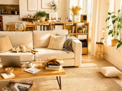 Unordentliches Wohnzimmer mit Poststapel und liegen gelassener Kleidung als Beispiel für Alltagschaos