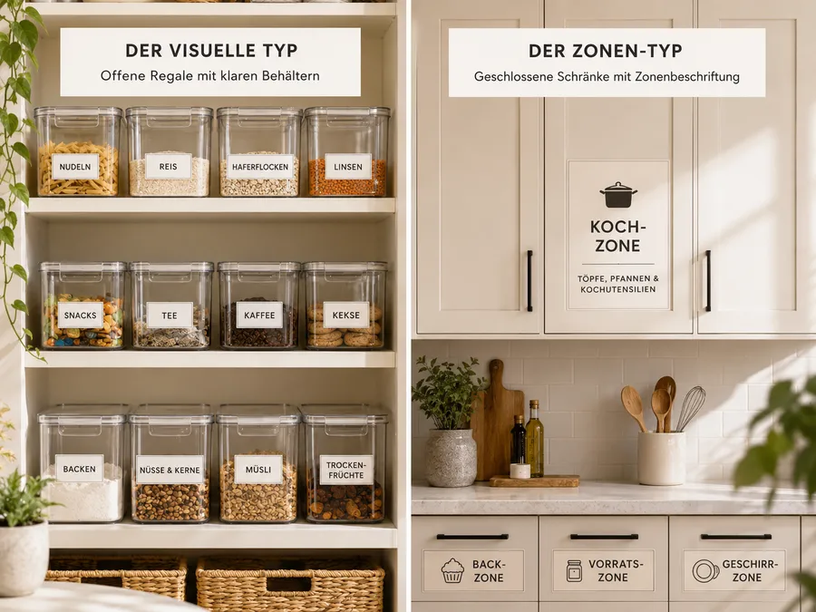 Drei Küchenorganisation Ideen: visuelles System, Zonensystem und minimalistische Ordnung
