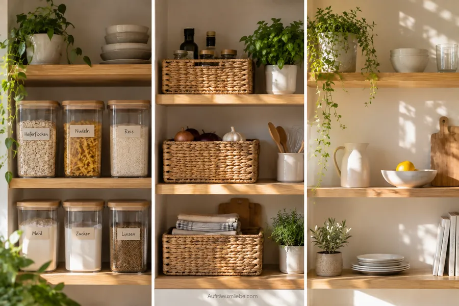 Vergleich unterschiedlicher Ordnungssysteme in der Küche, durchsichtige Boxen, Zonenkörbe und eine minimalistisch leere Ablage im selben Regal