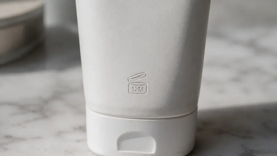 Extreme Nahaufnahme einer Kosmetikverpackung mit sichtbarem PAO-Symbol, offener Tiegel mit Monatsangabe 12M