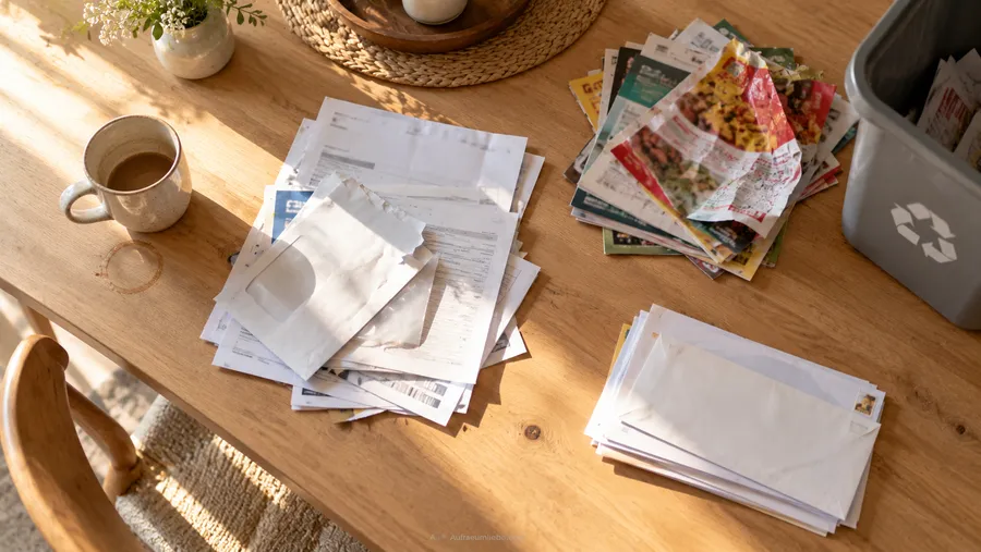 Post wird auf einem Tisch in drei Stapel sortiert, sofort erledigen, ablegen und entsorgen, wöchentliche Sortier-Routine
