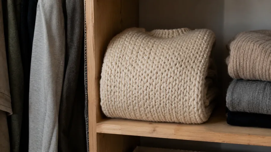 Nahaufnahme eines dicken Strickpullovers, kompakt zu einem Rechteck gefaltet, aufrecht stehend auf einem Regal im Kleiderschrank