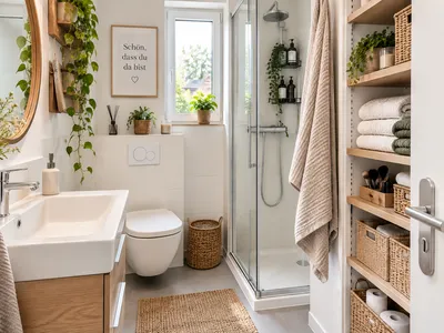 Freistehendes Holzregal über dem Spülkasten mit Handtüchern und Toilettenpapier als Stauraum-Lösung ohne Bohren im kleinen Bad