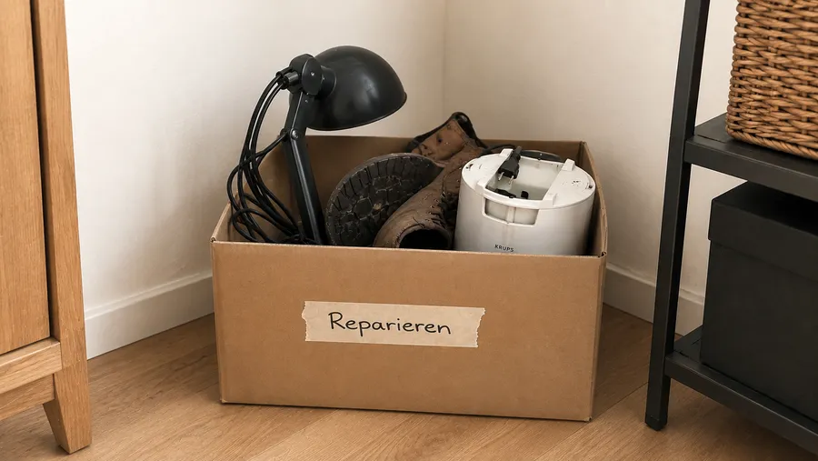 Überfüllte Reparieren-Kiste mit einer Lampe mit verknotetem Kabel und einem Schuh mit lockerem Absatz in der Zimmerecke