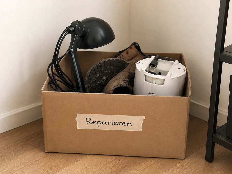 Überfüllte Reparieren-Kiste mit einer Lampe mit verknotetem Kabel und einem Schuh mit lockerem Absatz in der Zimmerecke