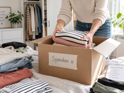 Hände packen gefaltete Kleidung in einen mit Spenden beschrifteten Karton, daneben eine Aussortieren-Checkliste für Kleidung, Schuhe und Bücher