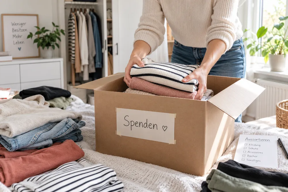 Hände packen gefaltete Kleidung in einen mit Spenden beschrifteten Karton, daneben eine Aussortieren-Checkliste für Kleidung, Schuhe und Bücher