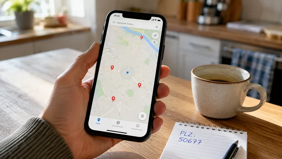 Hand hält ein Smartphone mit Kartenansicht am Küchentisch, daneben eine Kaffeetasse und ein Notizblock