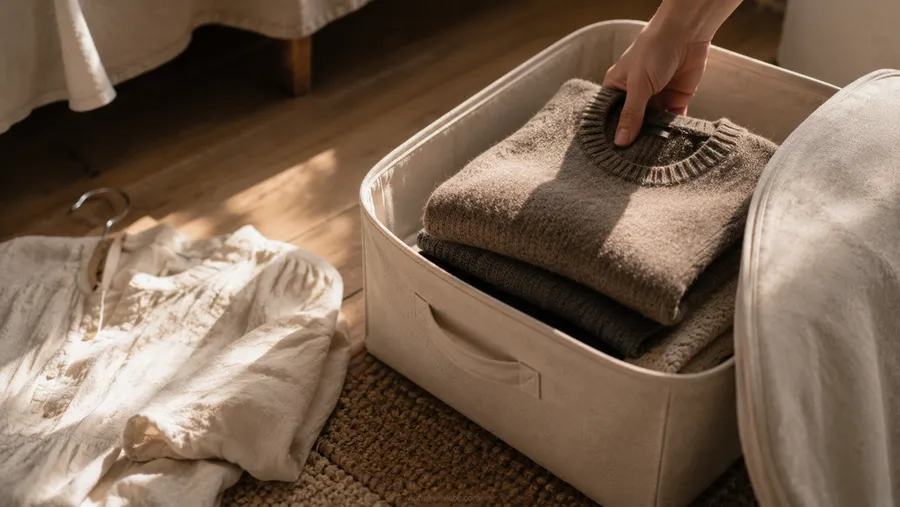 Nahaufnahme einer Hand, die einen gefalteten Wollpullover in eine offene Aufbewahrungsbox legt, während eine leichte Sommerbluse auf dem Boden daneben liegt