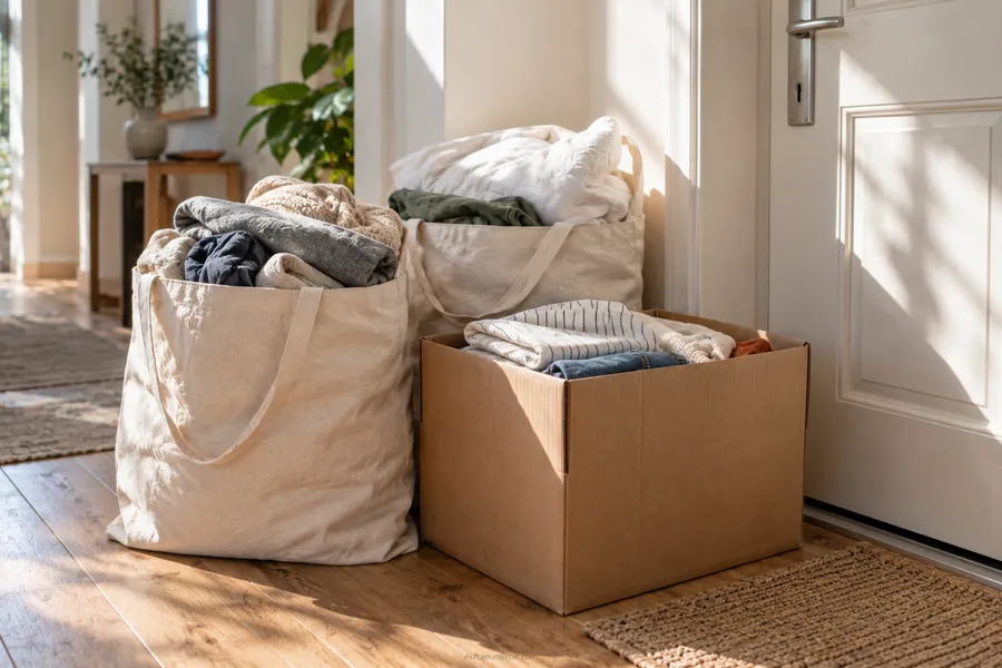 Zwei Stoffbeutel und ein Karton mit gefalteter Kleidung an der Tür, zeigt den nächsten Schritt nach dem Ausmisten im Schlafzimmer