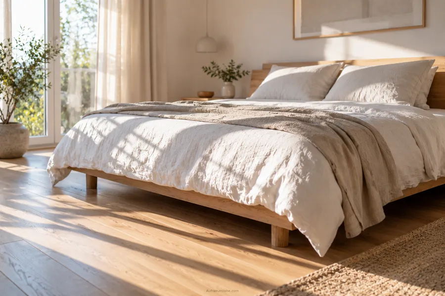 Aufgeräumtes Bett aus niedrigem Seitenwinkel mit einfacher, heller Bettwäsche, zeigt das ruhige Endergebnis nach dem Entrümpeln