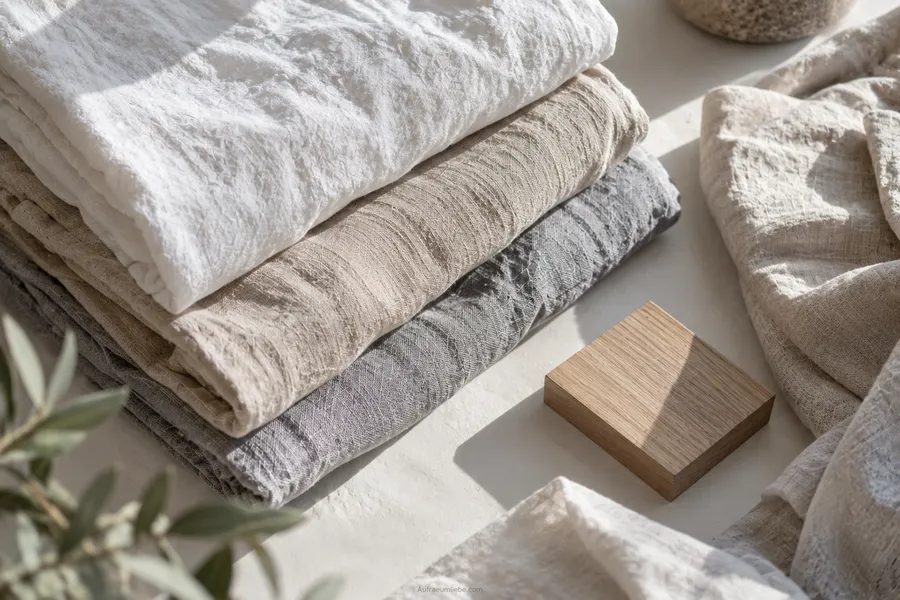 Flatlay mit Bettwäsche aus Naturmaterialien in gedeckten Tönen, zeigt eine reizarme Farbauswahl für ein minimalistisches Schlafzimmer