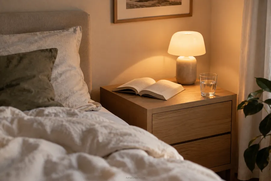 Aufgeräumter Nachttisch mit nur Lampe, Buch und Wasserglas im warmen Abendlicht, zeigt die Wirkung konsequenter Entrümpelung