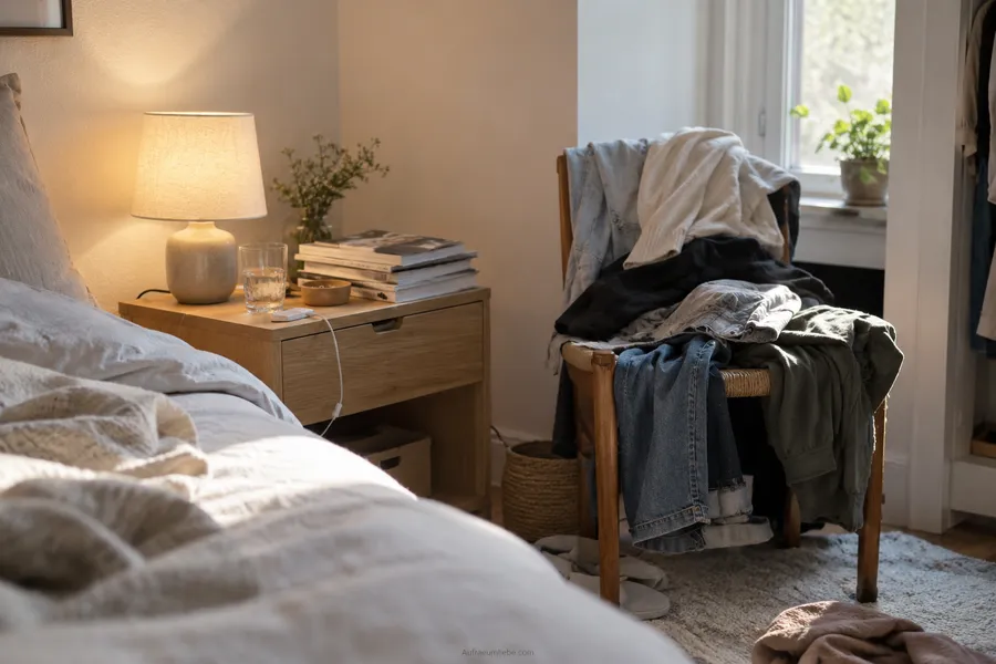 Überladener Nachttisch mit Ladekabel, Wasserglas und Zeitschriften neben einem Kleiderstapel, zeigt visuelle Reize, die das Einschlafen erschweren