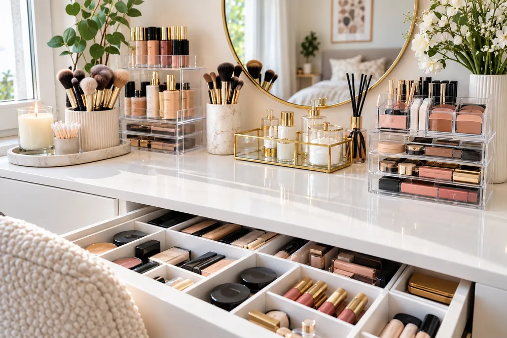 Schminktisch mit durchsichtigen Acryl-Organizern für Make-up und Pinsel, einer geöffneten Schublade mit sortierten Kosmetikprodukten und einem runden Spiegel
