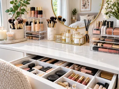 Schminktisch mit durchsichtigen Acryl-Organizern für Make-up und Pinsel, einer geöffneten Schublade mit sortierten Kosmetikprodukten und einem runden Spiegel