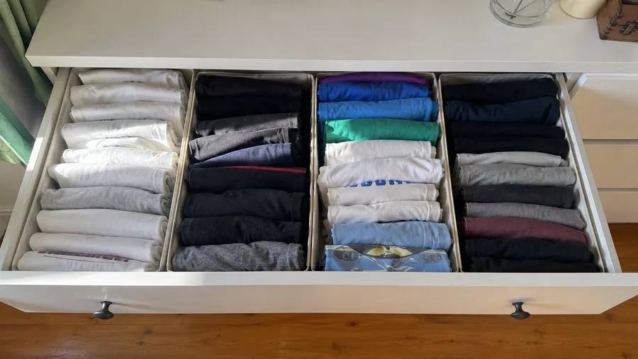 Offene Kommodenschublade mit Stoff-Trennboxen, darin gefaltete T-Shirts stehend in Reihen