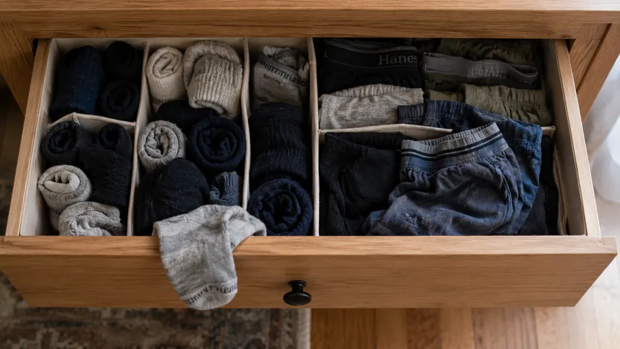 Draufsicht auf eine geöffnete Kommodenschublade mit Stoffeinsätzen, gefaltete Socken und Unterwäsche locker in Fächer sortiert