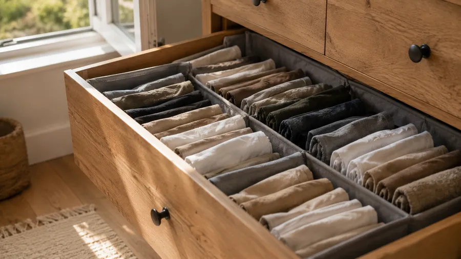 Offene Schublade mit einfachen Stoff-Schubladentrennern, in denen mehrere vertikal gefaltete T-Shirts und Hosen in gedeckten Farben stehen