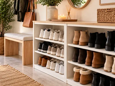 Schuhe aufbewahren im Flur, ordentliches Schuhregal mit Sneakern, Stiefeln und Ballerinas übersichtlich sortiert am Eingangsbereich