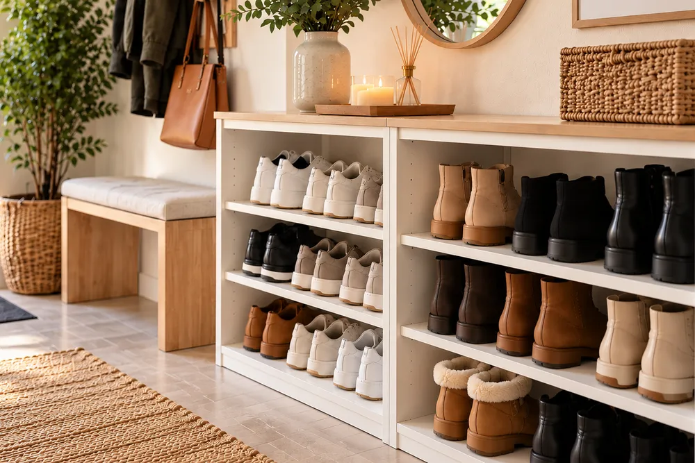 Schuhe aufbewahren im Flur, ordentliches Schuhregal mit Sneakern, Stiefeln und Ballerinas übersichtlich sortiert am Eingangsbereich