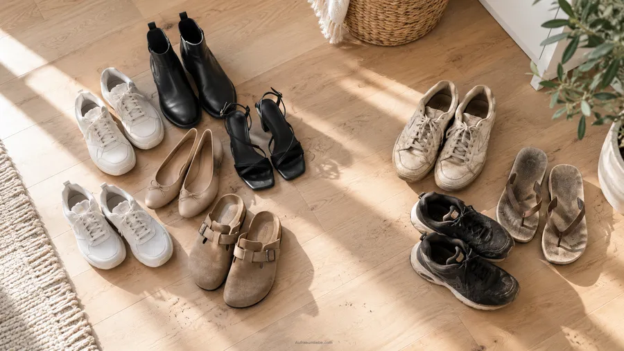 Mehrere Paar Schuhe zum Aussortieren ausgebreitet auf dem Boden, Bestandsaufnahme vor dem Schuhe aufbewahren