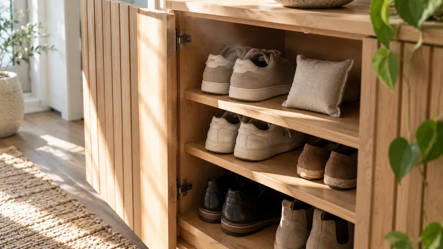 Geöffnete Schuhschranktür zur Belüftung, Vorbeugung gegen Schimmelbildung durch Restfeuchte