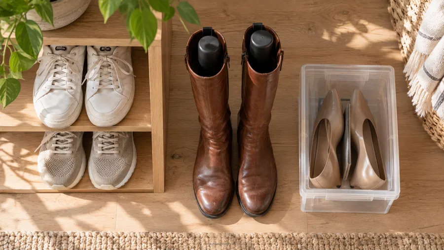 Verschiedene Schuhtypen nebeneinander zum Vergleich, Sneaker, Stiefel und High Heels mit jeweils passender Aufbewahrungslösung