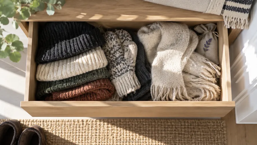 Blick von oben in eine geöffnete Sitzbank, darin liegen Mützen, Handschuhe und ein Schal locker gestapelt, in einer Ecke ein kleines Duftsäckchen