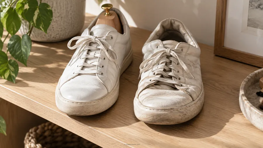 Sneaker mit eingesetzten Zeder-Schuhspannern auf einem offenen Regal, Beispiel für richtiges Aufbewahren gegen Knickfalten
