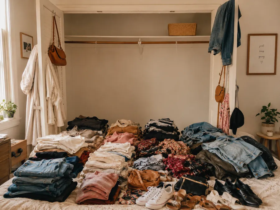 Kleidung nach Kategorien auf dem Bett sortiert vor dem Einräumen