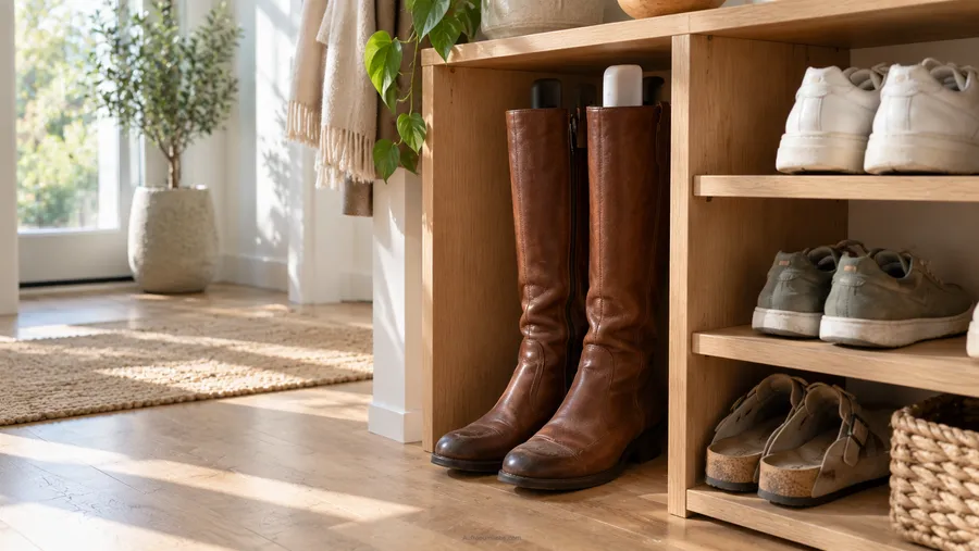 Lederstiefel mit eingesetzten Stiefelspannern stehend im Schrank gelagert, schützt vor Umknicken und Faltenbildung