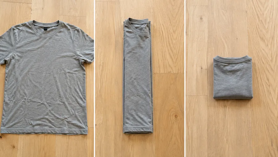 Bildstrecke mit drei Schritten: T-Shirt flach ausgebreitet, zu einem Streifen gefaltet, und fertig zu einem kleinen Rechteck gefaltet