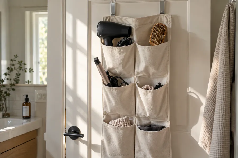 Über die Tür gehängter Organizer im Bad, verstaut Föhn und Haarstyling-Geräte ohne Bohrlöcher, ideal für Mietwohnungen