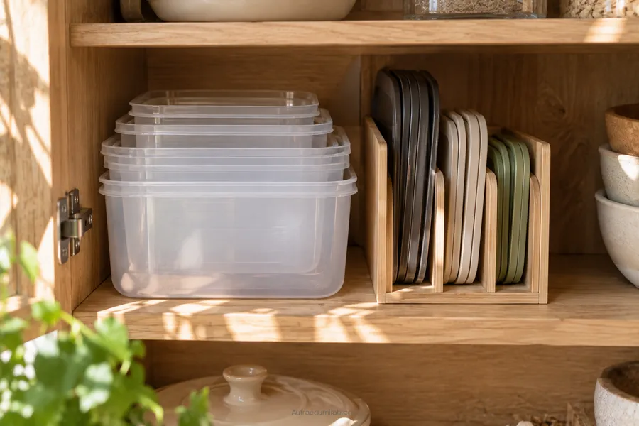 Stapelbare Tupperware-Boxen einer Serie im Küchenschrank, Deckel getrennt in einem Organizer, gegen die Deckel-ohne-Dose-Lawine