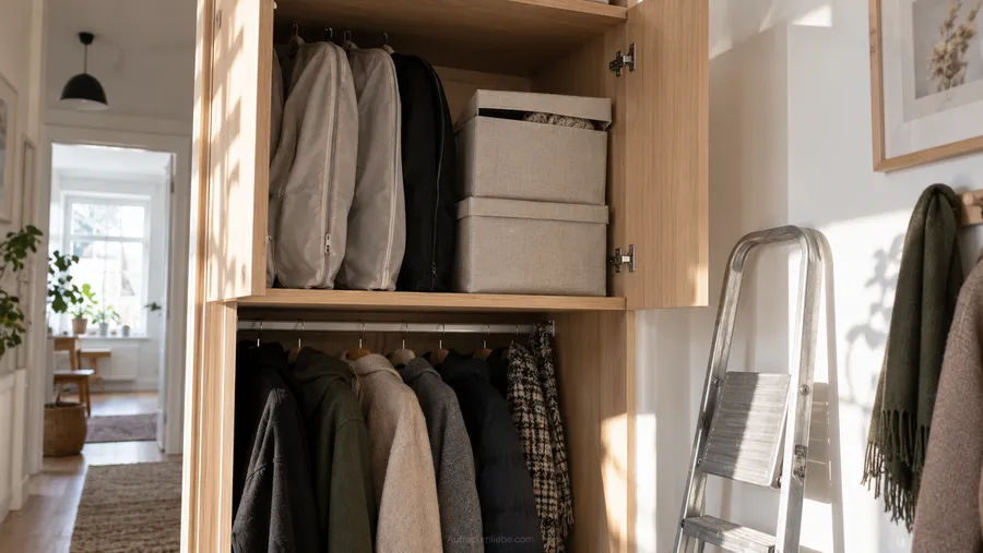 Flur mit Garderobe, darüber ein offener Überkopfschrank mit hängenden Kleidersäcken und gestapelten Aufbewahrungsboxen, ein Tritthocker lehnt daneben