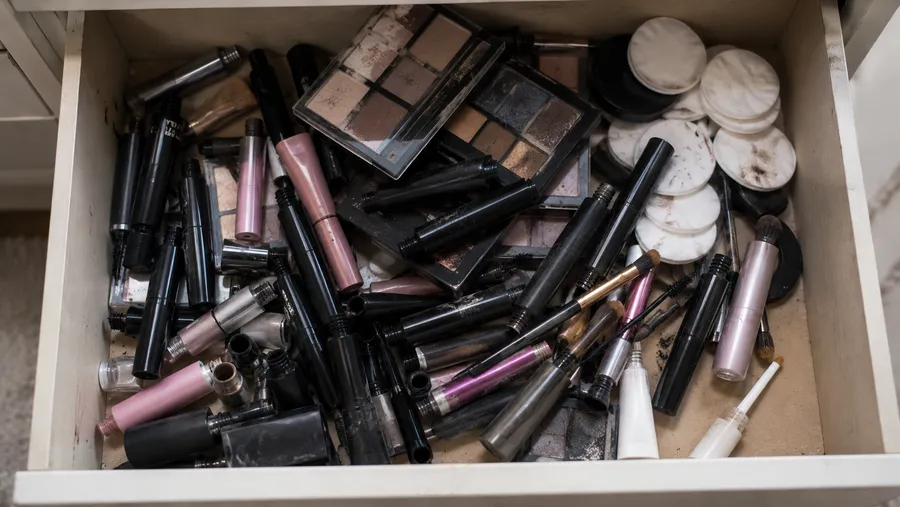 Geöffnete, unordentliche Make-up-Schublade mit offenen Mascara-Tuben, durcheinanderliegenden Lidschatten-Paletten und losen Pinseln