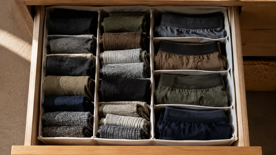 Draufsicht auf eine kleine Schubladenbox mit gefalteten Socken- und Unterwäsche-Päckchen, ordentlich in Reihen aufgestellt