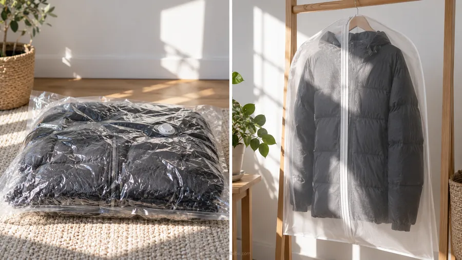 Split-Vergleich: links eine Daunenjacke stark zusammengepresst in einem Vakuumbeutel, rechts dieselbe Jacke locker auf einem Bügel in einem atmungsaktiven Kleidersack